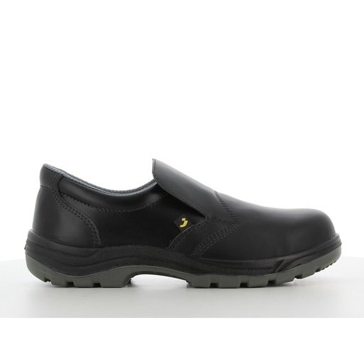 Giày bảo hộ Safety Jogger X0600 kiểu lười màu đen nhìn ngang, da Nappa, chun co giãn bên hông, đế PU/PU xám