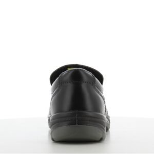 Giày Safety Jogger X0600 nhìn từ phía sau, gót da đen có quai kéo, cổ giày lót đệm, đế PU/PU xám vững chắc