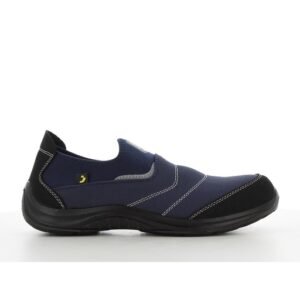 Giày bảo hộ Safety Jogger Yukon S1P kiểu lười vải dệt xanh navy, mũi và gót bọc đen, nhãn vàng nhỏ bên hông, nhìn ngang