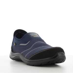 Giày Yukon S1P SRC góc 3/4 phía trước, mũi bọc da lộn đen che mũi thép, thân vải xanh navy, cổ thấp kiểu lười