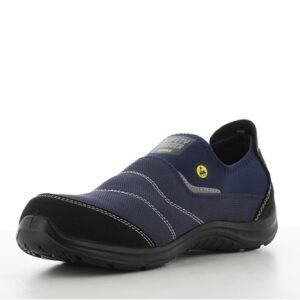 Giày lười bảo hộ Yukon nhìn chéo từ mặt trong, vải dệt xanh navy, nhãn tròn vàng, mũi bọc đen, đế PU/PU đen nhẹ
